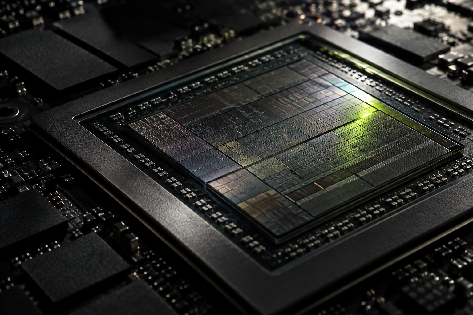 Macro photograph of a GPU die under raking light